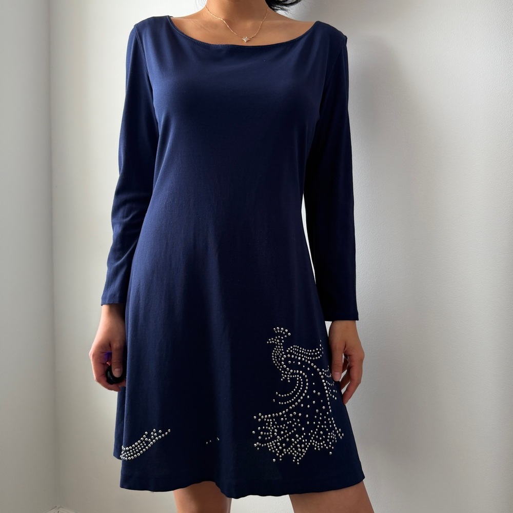 1990s Ritmo di Perla Midnight Blue Embellished Long Sleeve Dress - Medium